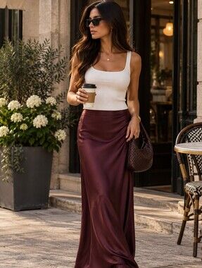 Aritzia XS Burgundy Satin Maxi Skirt